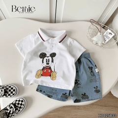 Set bộ tay ngắn cho bé trai áo polo họa tiết mickey và quần short jean in tràn size 1 đến 7 tuổi BERNIE Kids H0425B33
