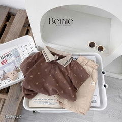 Set bộ polo tay ngắn cổ dệt màu nâu họa tiết gấu kèm quần short đùi kaki 1 đến 7 tuổi BERNIE T0225B23