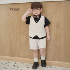 Set bộ vest gile công tử bé trai áo sơ mi tay ngắn màu đen phối gile kèm nơ 1 đến 7T BERNIE 0724B26