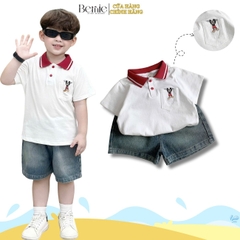 Set bộ polo kèm quần jean cho bé trai áo thun polo họa tiết thêu mickey và quần short jean mềm 1 đến 7 tuổi BERNIE T0425B65
