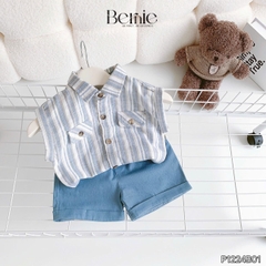 Set bộ tanktop cho bé trai áo sơ mi tanktop họa tiết kẻ xanh phối túi kèm quần short jean 9kg đến 28kg BERNIE P1224B01