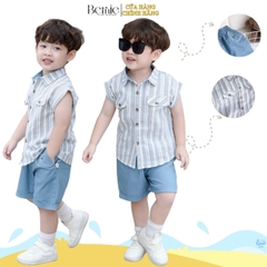 Set bộ tanktop cho bé trai áo sơ mi tanktop họa tiết kẻ xanh phối túi kèm quần short jean 9kg đến 28kg BERNIE P1224B01