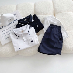 Set bộ polo bé trai tay ngắn cổ bo dệt họa tiết thêu cún kèm quần short kaki sz 9 tới 28kg BERNIE T0525B09