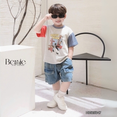 Set bộ tay ngắn phối màu họa tiết carnival kèm quần short jean cho bé trai 11kg tới 28kg BERNIE H0525B47
