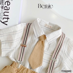 Set bộ sơ mi công tử chất đũi kẻ 4 chi tiết quần short kèm đai kẹp và cà vạt size 1 đến 6 tuổi BERNIE T1124B56