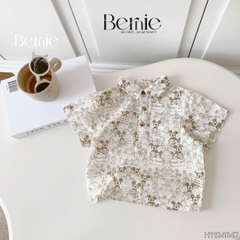 Set sơ mi đũi ngắn tay in tràn Mickey nâu kèm quần short kaki cho bé từ 9kg tới 28kg BERNIE H1124B47
