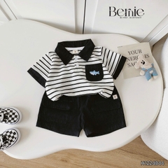 Set bộ polo kẻ phối màu kèm túi ngực thêu cá cho bé trai size 1 đến 7 tuổi BERNIE H1224B44