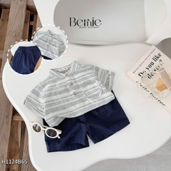  Set bộ sơ mi cổ trụ kẻ ngang phối túi viền kèm quần short kaki cho bé trai size 9 đến 28kg BERNIE H1124B65