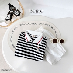 Set bộ polo kẻ đen phối màu thêu cún kèm quần short kaki cho bé trai 1 đến 7 tuổi BERNIE H0625B02