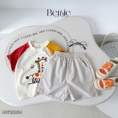 Set bộ cotton Hươu vui vẻ sắc màu cho bé trai áo thun cotton họa tiết Hươu nhỏ vui vẻ và quần short đùi kaki 1 đến 7 tuổi BERNIE H0725B64