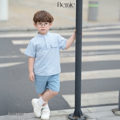 Áo sơ mi cổ trụ cho bé trai tay ngắn phối túi ngực nhiều màu size 9 tới 28kg BERNIE P1124A93