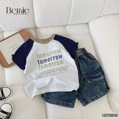 Set bộ tay ngắn raplang phối màu áo thun họa tiết Tomorrow và quần short jean bé trai 1 đến 7 tuổi BERNIE H0725B19