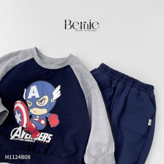 Set bộ dài cho bé trai tay áo raplang phối màu họa tiết siêu anh hùng kèm quần dài 1 đến 7 tuổi BERNIE H1124B08