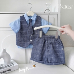  Set bộ vest gile công tử 4CT cho bé trai áo sơ mi tay ngắn phối gile kẻ kèm quần và cà vạt 1 đến 6 tuổi BERNIE T0825B06