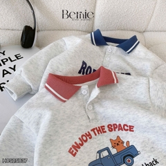 Set bộ polo dài tay cho bé trai áo polo nỉ họa tiết Enjoy the space kèm quần jean dài size 9 tới 28kg BERNIE H0525B37