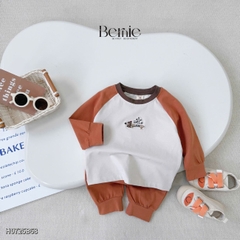 Set bộ thun dài tay áo raplang phối màu họa tiết thêu cún hello kèm quần dài size 9 tới 28kg BERNIE H0725B68