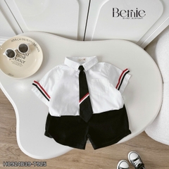 Set bộ đi chơi bé trai BERNIE áo sơ mi trắng cà vạt phối kẻ cho bé từ 9 đến 24kg