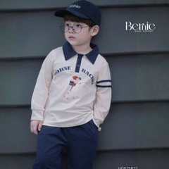 Set bộ bé trai áo thun polo cotton tay dài phối màu họa tiết ngựa kèm quần dài size 9 tới 28kg BERNIE H0825B31