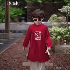 Set áo dài bé trai kèm quần chất lụa vân gỗ họa tiết thêu Hạc xuân mặc Tết size 9 đến 25kg BERNIE H0925B09