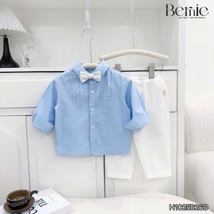 Set sơ mi dài tay màu xanh cho bé trai công tử có nơ mặc thôi nôi sinh nhật sự kiện 1 đến 7 tuổi BERNIE H1025B26Đ