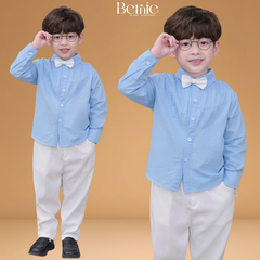 Set sơ mi dài tay màu xanh cho bé trai công tử có nơ mặc thôi nôi sinh nhật sự kiện 1 đến 7 tuổi BERNIE H1025B26Đ