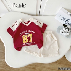 Set bộ thể thao phối màu tay ngắn họa tiết số 87 kèm quần short cho bé trai size 9 tới 28kg BERNIE T1025B65Đ