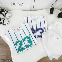 Set bộ thể thao tay ngắn họa tiết kẻ sọc số 23 cho bé trai kèm quần short size 9 tới 28kg BERNIE T1025B66Đ