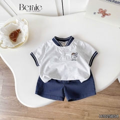 Set bộ tay ngắn áo cổ trụ họa tiết Gấu bóng chày kèm quần short bé trai size 9 tới 28kg BERNIE H1025B54