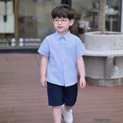 Set bộ sơ mi xanh basic tay ngắn kèm quần short cho bé trai từ 9 đến 25kg BERNIE H0125B69Đ