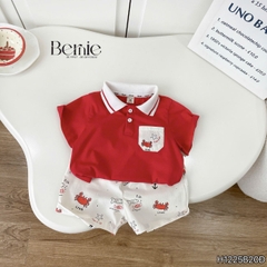 Set bộ Polo Crab màu đỏ cho bé trai áo thun polo tay ngắn và quần short kaki họa tiết size 9 tới 28kg BERNIE H1225B20Đ
