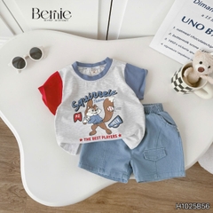 Set bộ tay ngắn phối màu họa tiết Sóc và Gấu kèm quần short kaki cho bé trai 9 tới 28kg BERNIE H1025B56