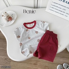 Set bộ thun tay ngắn họa tiết Gấu nhỏ vui nhộn kèm quần short kaki size 9 tới 28kg BERNIE T1125B18