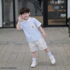  Set bộ sơ mi tay ngắn cho bé trai họa tiết kẻ Summer kèm quần short kaki size 9 đến 25kg BERNIE H1225B18Đ 