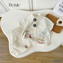 Set sơ mi ngắn tay đi biển cho bé trai bé gái họa tiết Tiny kèm quần short kaki size 9 tới 25kg BERNIE H1025B57