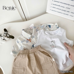  Set sơ mi 3 chi tiết tay ngắn cho bé trai họa tiết Mèo Khám Phá kèm quần short kaki size 9 tới 28kg BERNIE H1025B74Đ