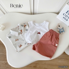  Set sơ mi 3 chi tiết áo tay ngắn họa tiết ô tô áo ba lỗ kèm quần short kaki cho bé trai 9 tới 28kg BERNIE T1125B16