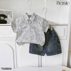 Set bộ sơ mi cho bé trai áo tay ngắn họa tiết Grafiti kèm quần short jean size 11 đến 28kg BERNIE T1225B09