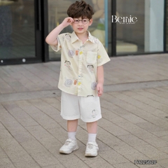 Set bộ sơ mi bé trai đi chơi đi biển áo tay ngắn họa tiết Papa Cat kèm quần short 11 tới 28kg BERNIE H1225B28
