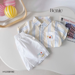  Set bộ sơ mi tay ngắn cho bé trai họa tiết kẻ DƯA HẤU kèm quần short kaki size 9 đến 25kg BERNIE H1225B19Đ