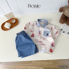 Set bộ đi chơi tay ngắn áo sơ mi họa tiết in tràn Idol cho bé trai kèm quần short denim size 11 đến 28kg BERNIE T1255B13