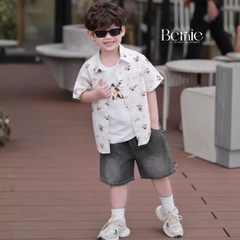  Set sơ mi 3 chi tiết áo tay ngắn họa tiết in tràn Cún áo ba lỗ kèm quần short kaki cho bé trai 9 tới 28kg BERNIE H1225B38