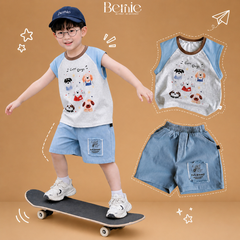 Set bộ bé trai áo thun tanktop họa tiết 5 Chú cún Cute kèm quần short denim size 9 đến 25kg BERNIE T0226B11