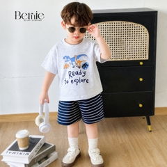 Set bộ thun cotton áo tay ngắn họa tiết khủng long Ready kèm quần short cho bé trai 1 đến 7 tuổi BERNIE H1025B55
