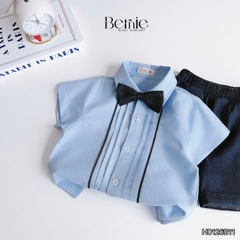 Set sơ mi bé trai công tử màu xanh trắng có nơ mặc thôi nôi sinh nhật sự kiện 1 đến 7 tuổi BERNIE H0725B73