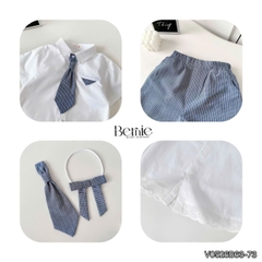 Set sơ mi kẻ Blue Schoo cho bé trai bé gái áo sơ mi trắng kèm quần hoặc chân váy cùng cà vạt và nơ rời size 11 tới 28kg BERNIE V0526B73