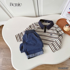 Set bộ dài tay cho bé trai áo polo họa tiết kẻ thêu Dog phối quần dài suông denim size 11 tới 28kg BERNIE V0426B37