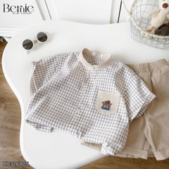Set bộ sơ mi nâu gấu Lucky áo cổ trụ tay ngắn caro kèm quần short cho bé trai từ 11 đến 28kg BERNIE H0326B05