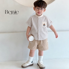 Set bộ sơ mi nâu gấu Lucky áo cổ trụ tay ngắn caro kèm quần short cho bé trai từ 11 đến 28kg BERNIE H0326B05