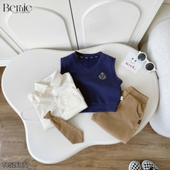 Set bộ 4CT áo sơ mi tay dài áo gi lê rời thêu phù hiệu kèm cà vạt và quần kaki size 1 đến 7 tuổi BERNIE T0526B71