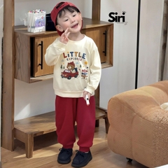 Set bộ dài tay chất thun cotton áo be họa tiết Little Explorer kèm quần dài đỏ size 10 tới 27kg BERNIE SIRI 6383BDK